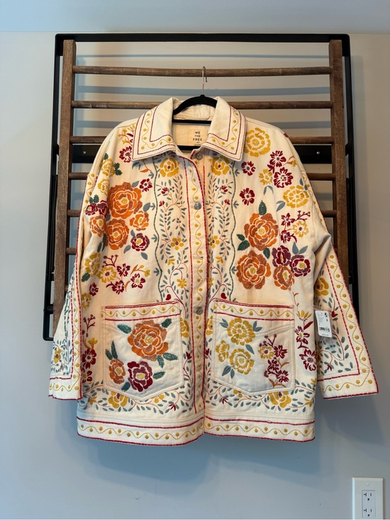 We The Free Jackets & Blazers - We The Free Cream Embroidered Floral Jean Jacket with Yellow & Orange Flowers